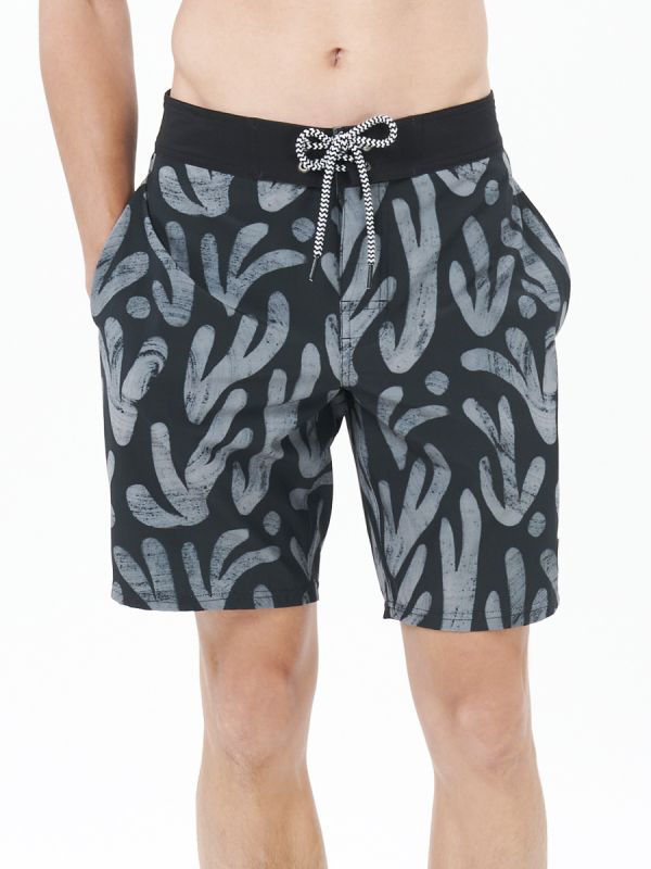 Men's Swimwear Broad Shorts - กางเกงขาสั้น ขอบลาย สี Black