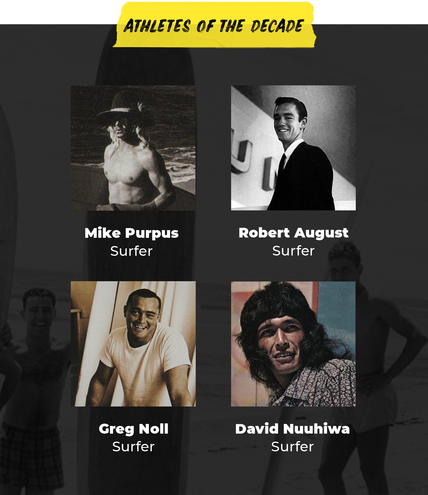 Athletes of the Decade | Mike Purpus, Surfer | Robert August, Surfer | Greg Noll, Surfer | David Nuuhiwa, Surfer
