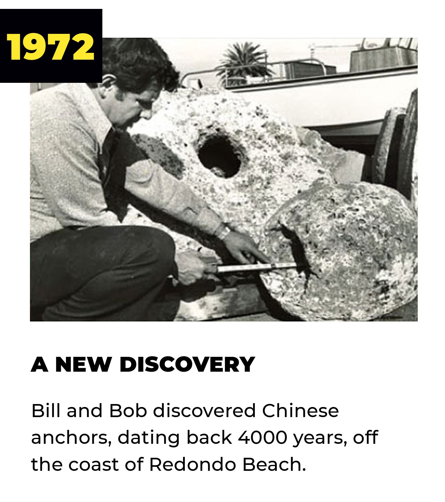 1972 | A New Discovery | Bill and Bob discovered Chinese anchors, dating back 4,000 years, off the coast of Redondo Beach.